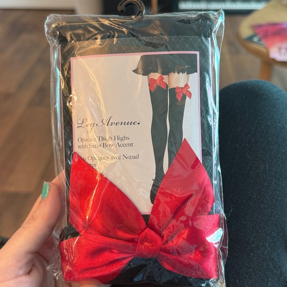 Leg Avenue Black Thigh Highs with Red Satin Bow NWT